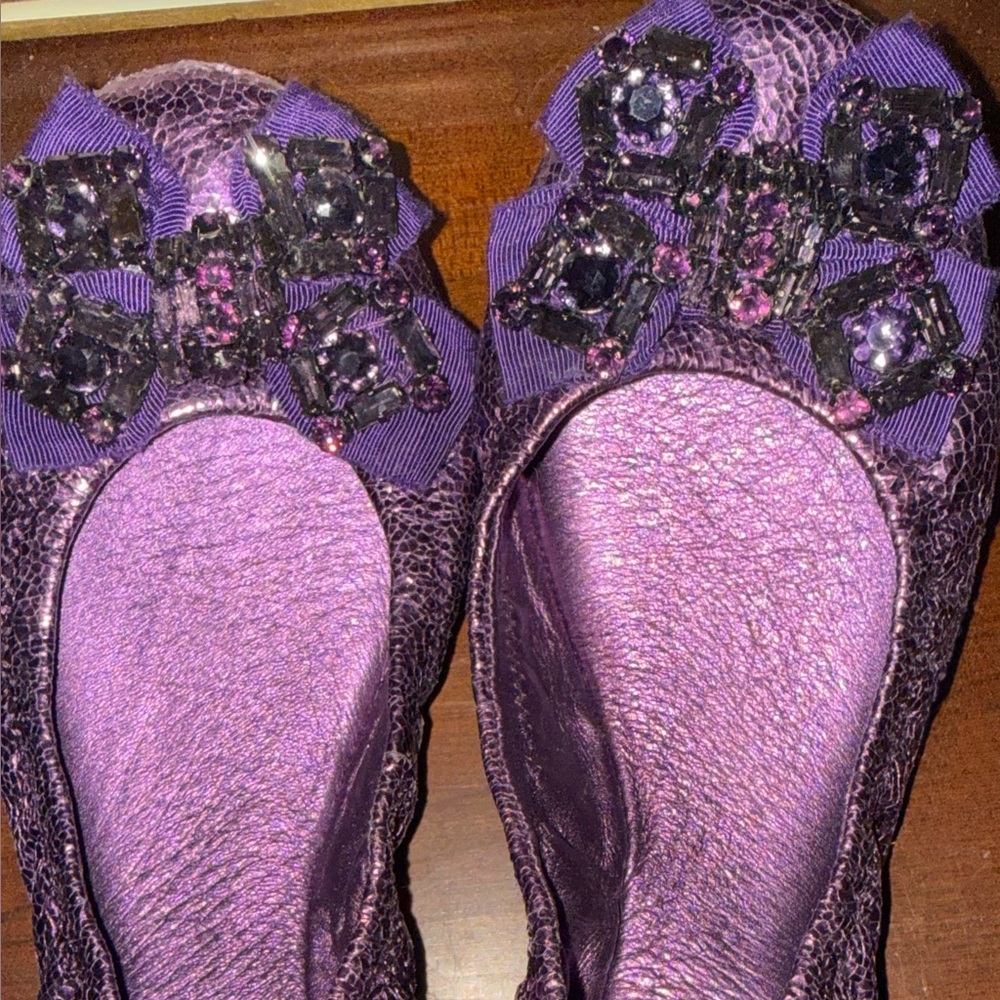 Tory Burch Purple Embellished Bow Flats